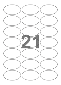 A4-etiketter, 21 ovale etiketter/pr. ark, 60 x 35 mm, gennemsigtig med permanent lim, til din laser bordprinter.